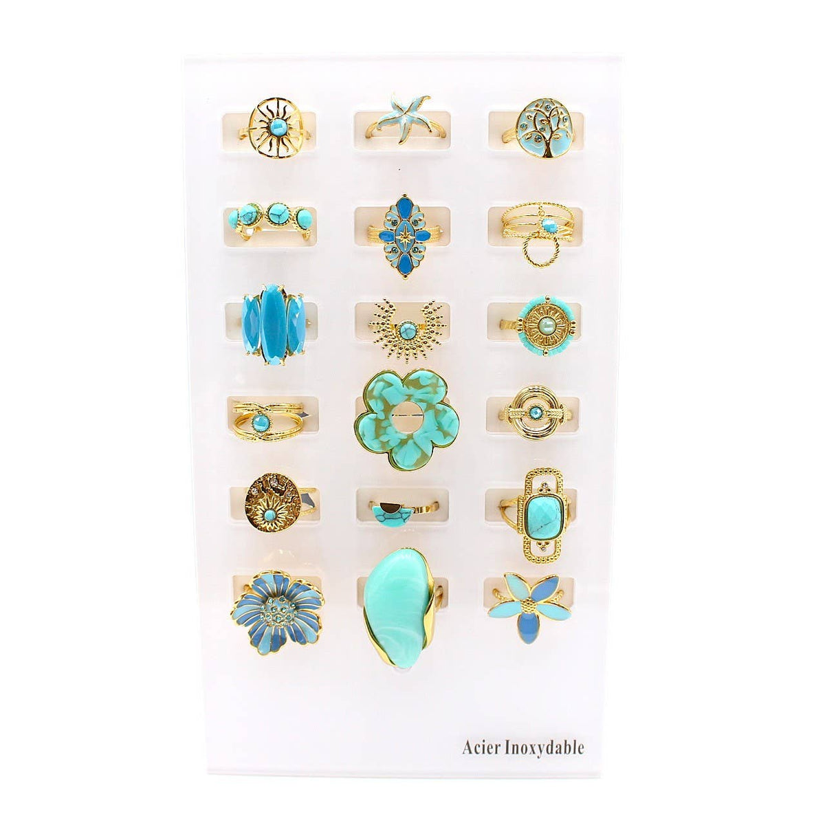 Pack 18 bagues acier inoxydable - TURQUOISE