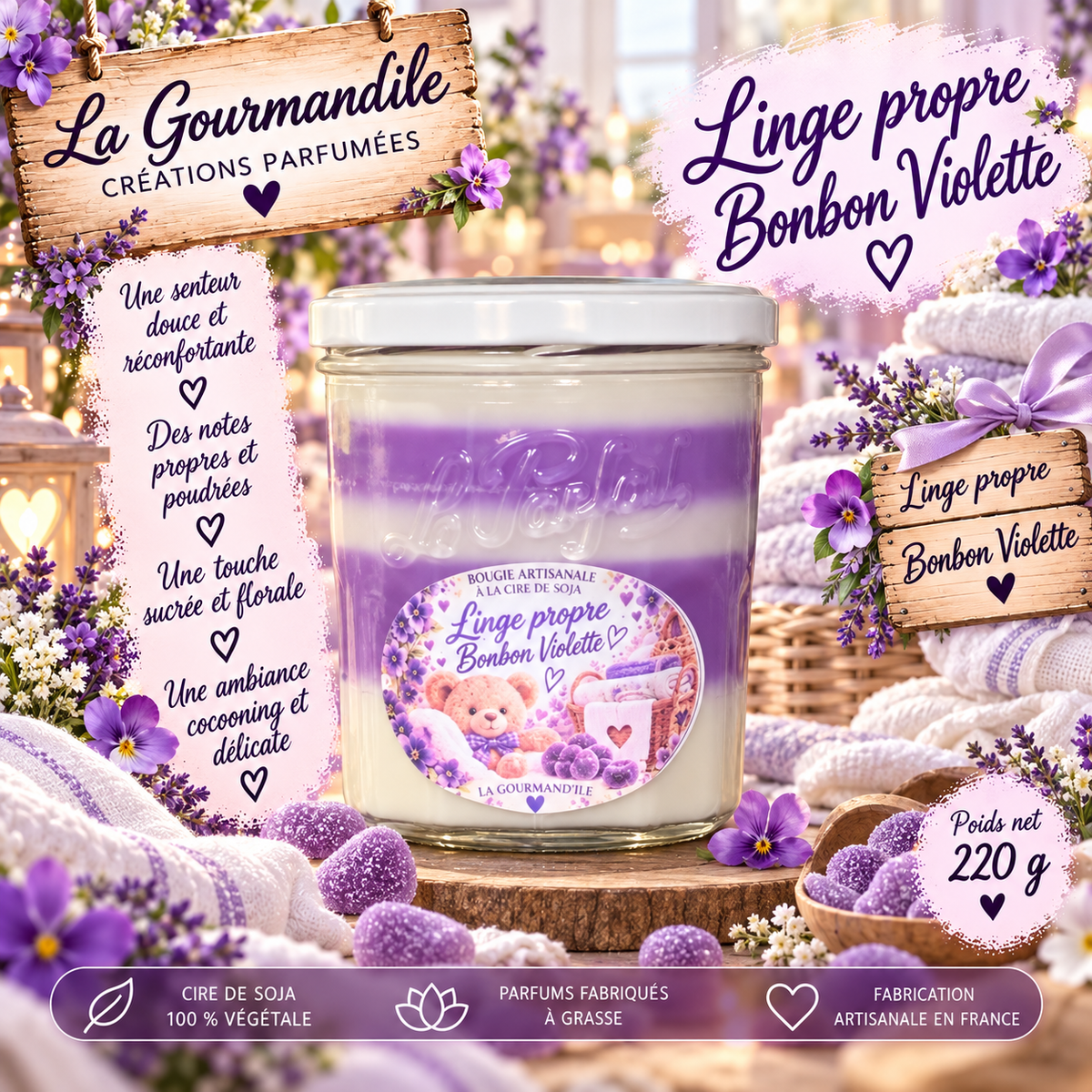 Bougie artisanale parfumée - Linge propre Bonbon violette