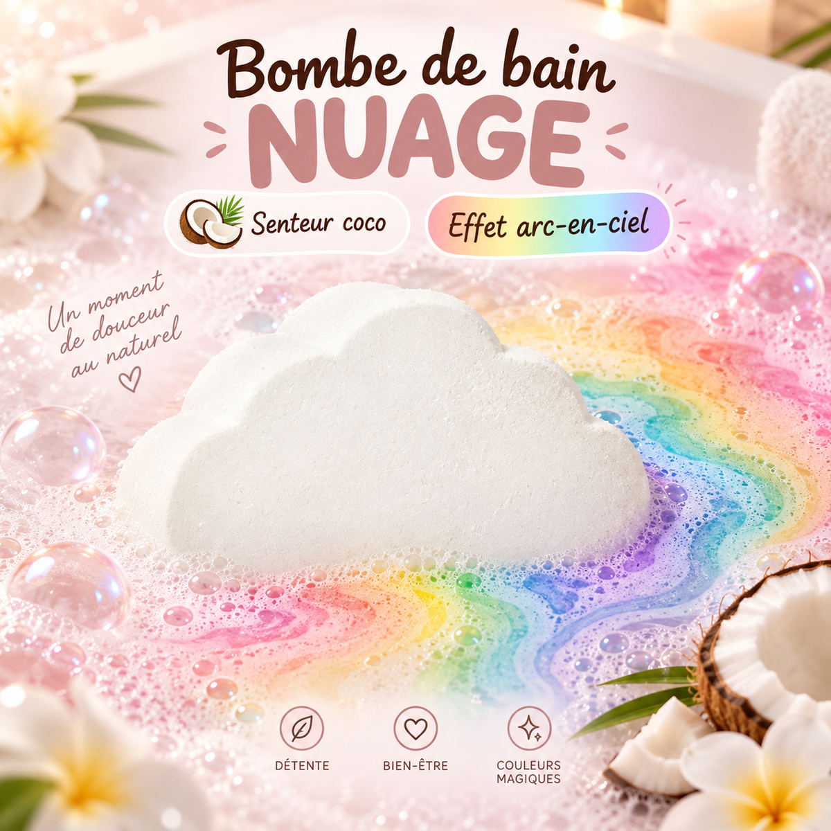 Bombe de bain 150 gr - nuage effet arc en ciel - Senteur Coco