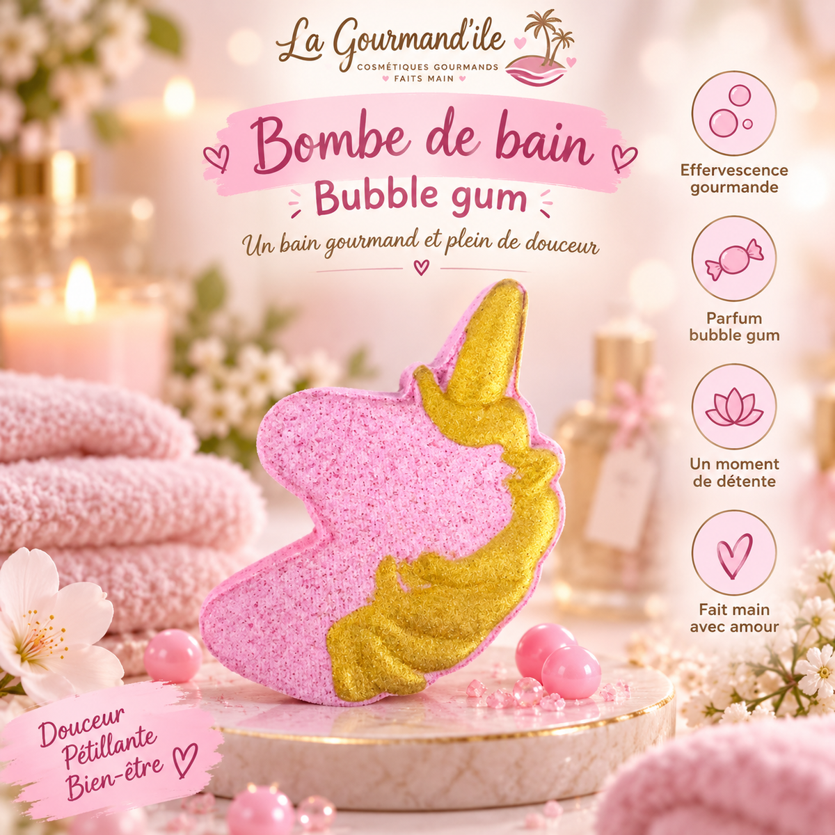 Bombe de bain Licorne Rose/Doré 150 grs - Senteur Bubble Gum
