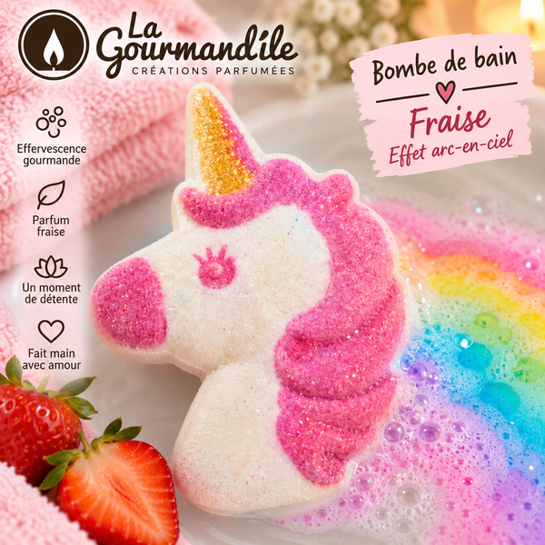 Bombe de bain Licorne effet arc en ciel - Senteur Fraise