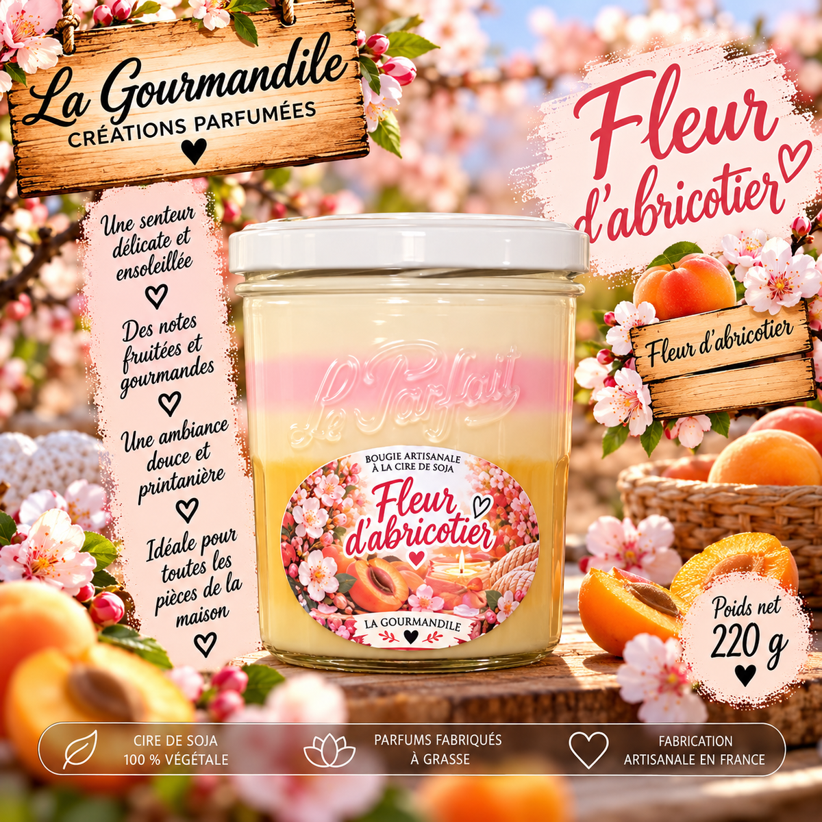 Bougie artisanale parfumée -   Fleur d’abricotier