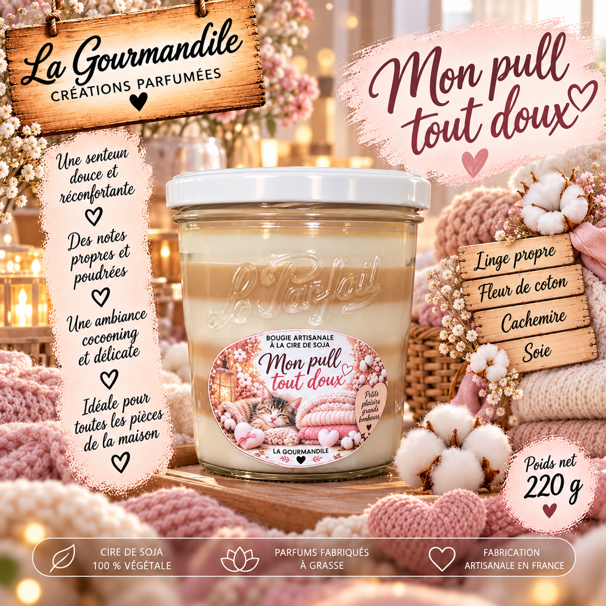 Bougie artisanale parfumée -  Mon pull tout doux