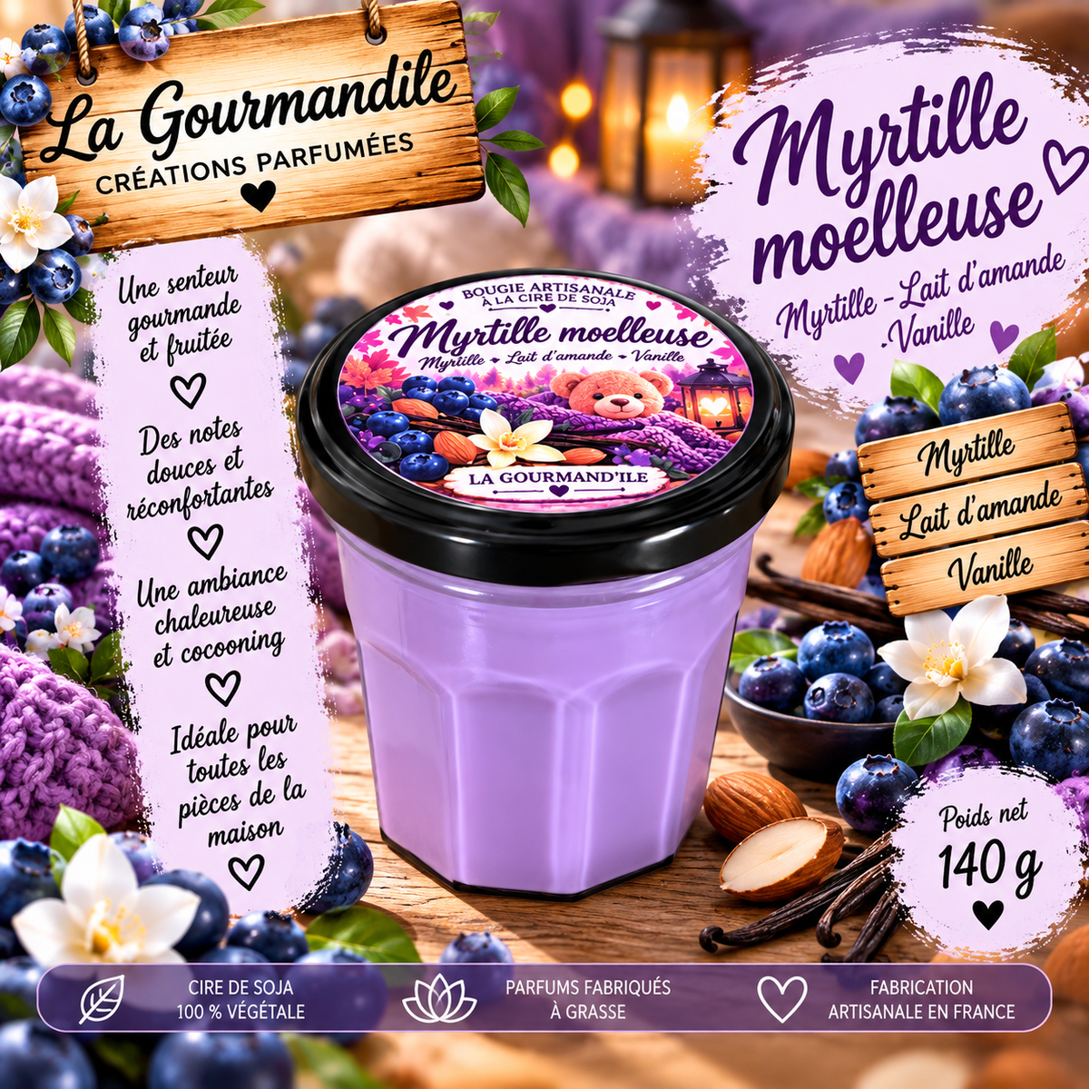 Bougie artisanale parfumée - Myrtille moelleuse