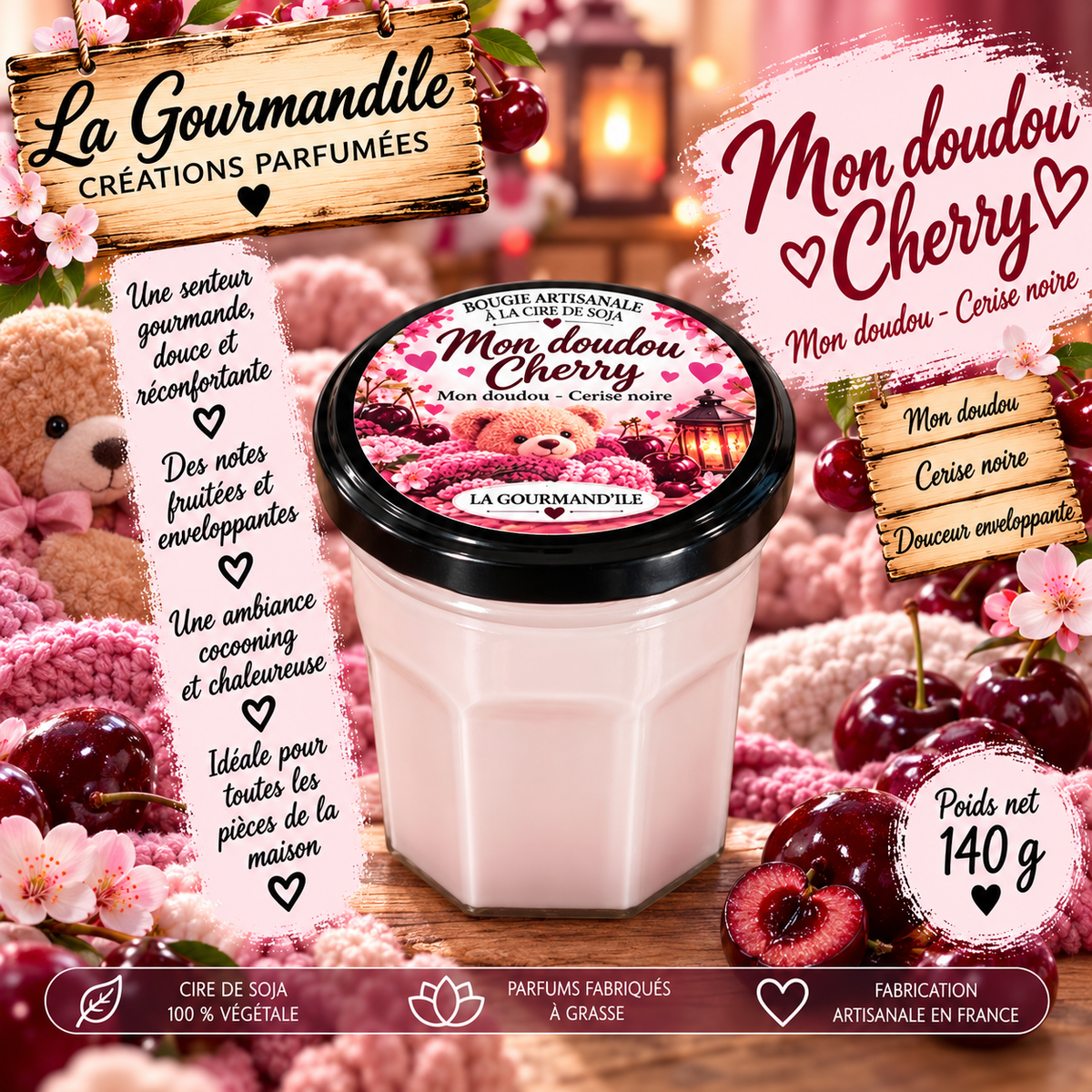 Bougie artisanale parfumée - Mon doudou cherry