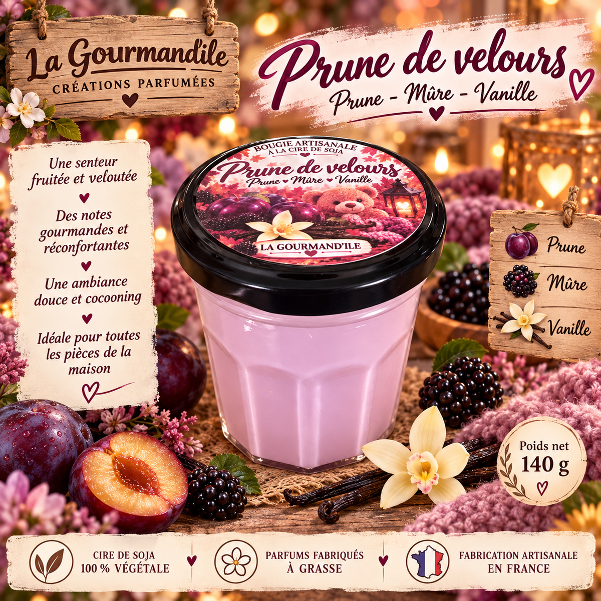 Bougie artisanale parfumée - Prune de velours