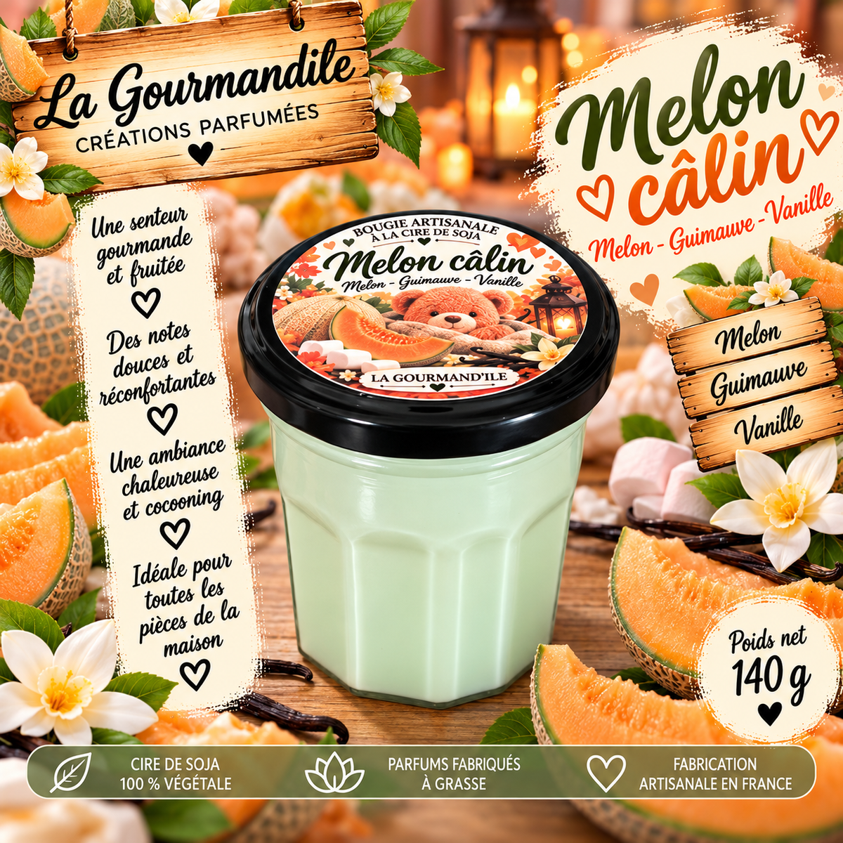Bougie artisanale parfumée - Câlin melon