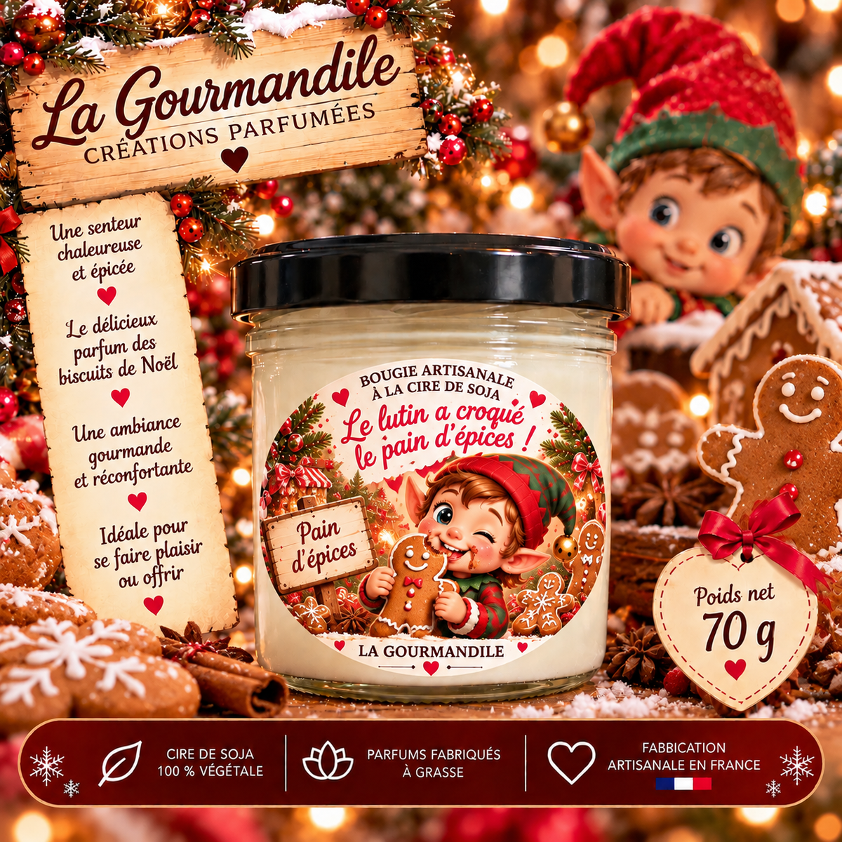 Bougie artisanale - Le lutin a croqué le pain d épices