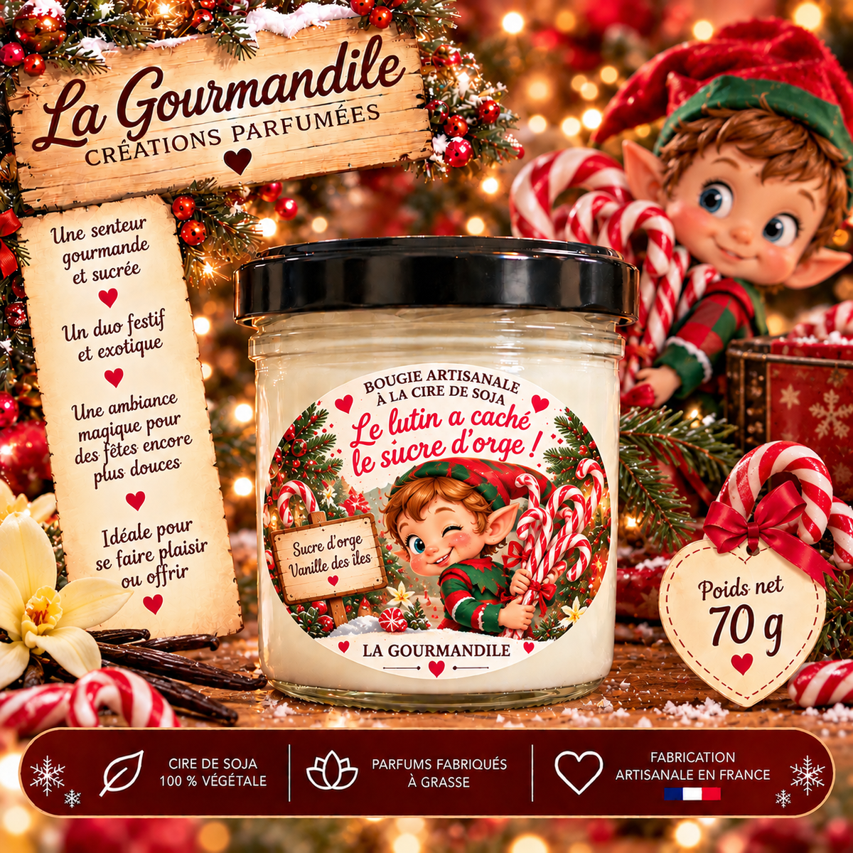 Bougie artisanale - Le lutin a caché le sucre d’orge