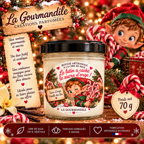 Bougie artisanale - Le lutin a caché le sucre d’orge