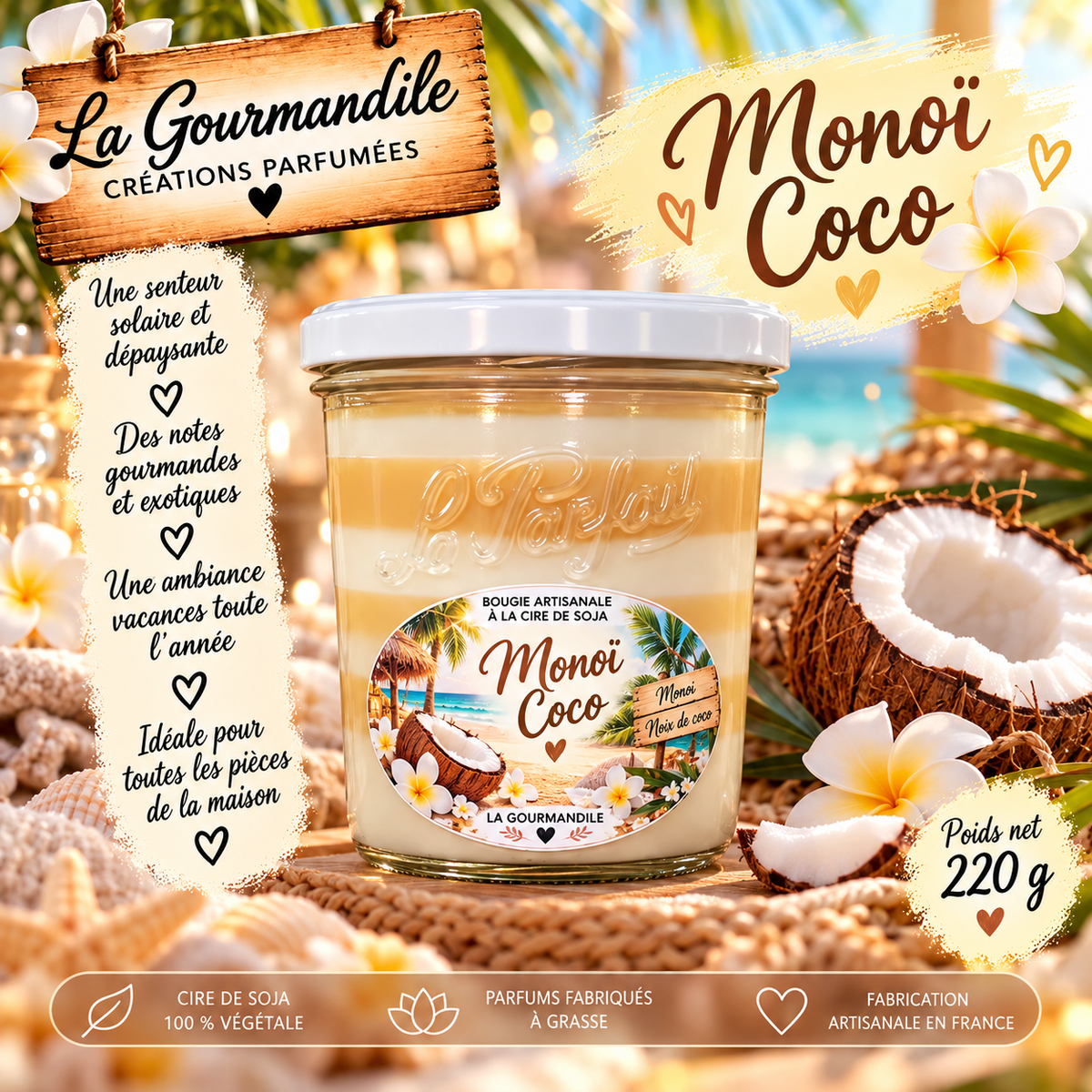 Bougie artisanale parfumée -   Monoï coco