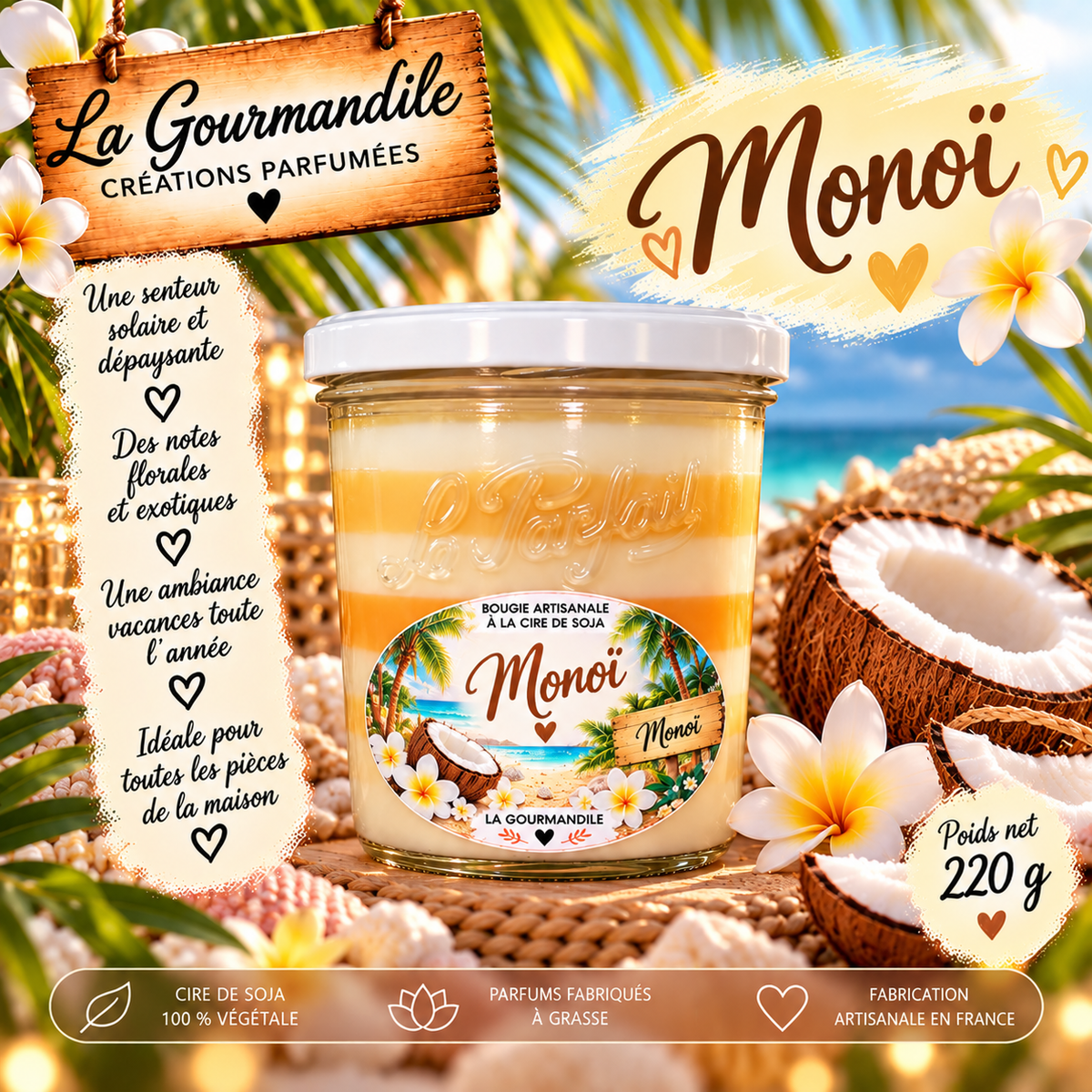 Bougie artisanale parfumée -   Monoï