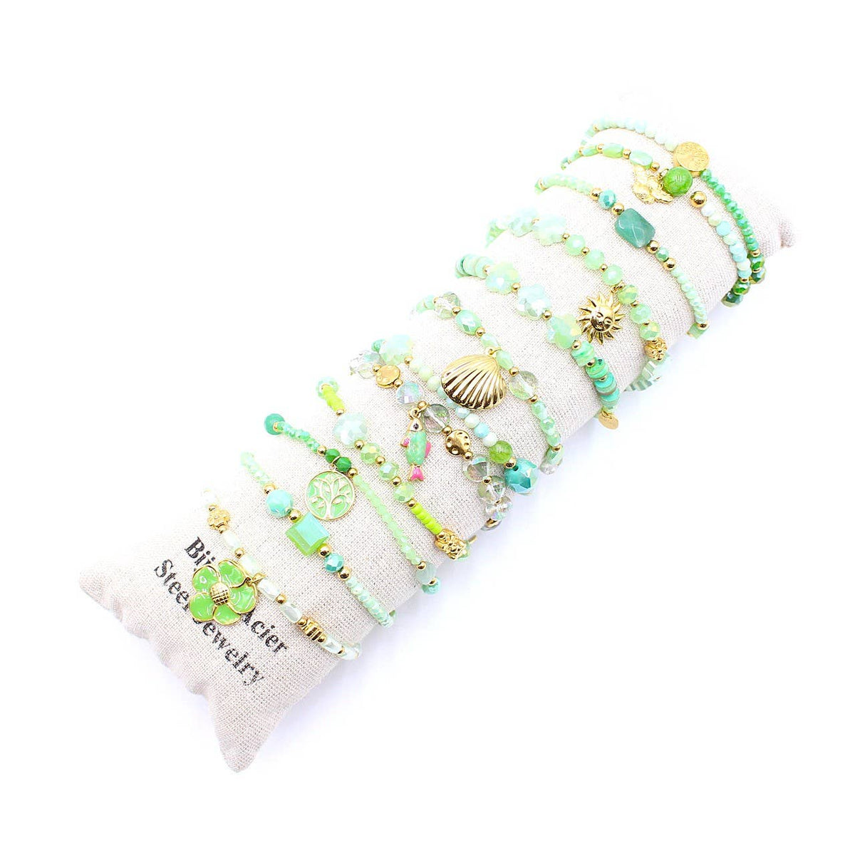 Pack de bracelets en cristal de verre et acier - vert