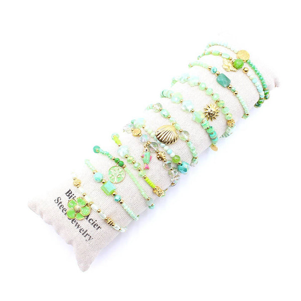Pack de bracelets en cristal de verre et acier - vert