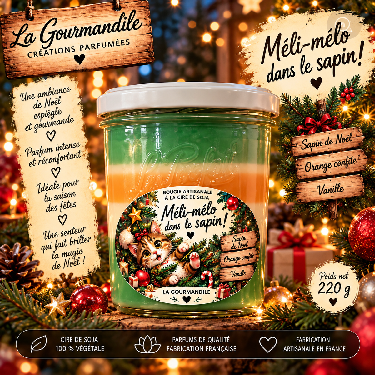 Bougie artisanale - Méli mélo dans le sapin